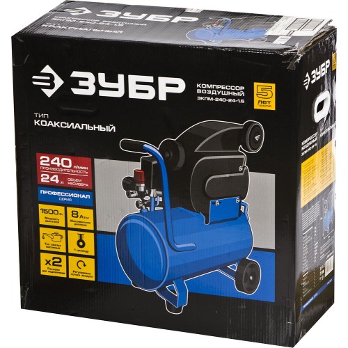 ЗУБР 240 л/мин, 24 л, 1500 Вт, масляный компрессор, Профессионал (ЗКПМ-240-24-1.5)