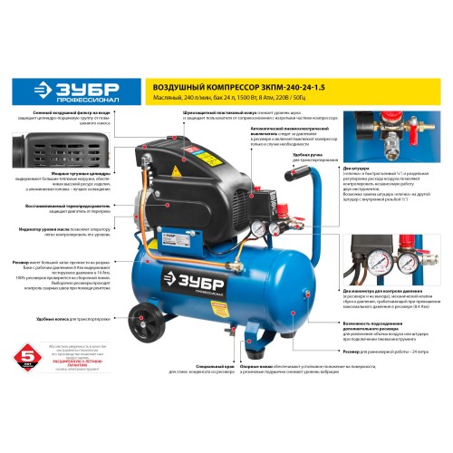 ЗУБР 240 л/мин, 24 л, 1500 Вт, масляный компрессор, Профессионал (ЗКПМ-240-24-1.5)