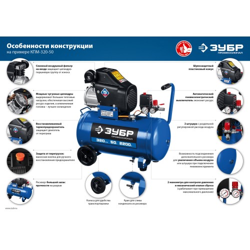 ЗУБР 320 л/мин, 50 л, 2200 Вт, масляный компрессор, Профессионал (КПМ-320-50)