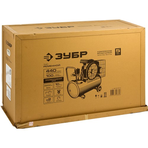 ЗУБР 440 л/мин, 100 л, 2200 Вт, ременной масляный компрессор, Профессионал (ЗКПМ-440-100-Р-2.2)