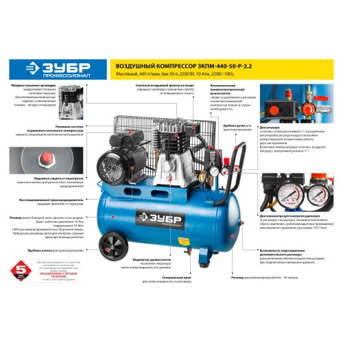 ЗУБР 440 л/мин, 50 л, 2200 Вт, ременной масляный компрессор, Профессионал (ЗКПМ-440-50-Р-2.2)
