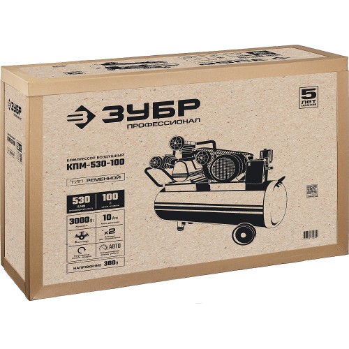 ЗУБР 530 л/мин, 100 л, 3000 Вт, ременной масляный компрессор, Профессионал (КПМ-530-100)