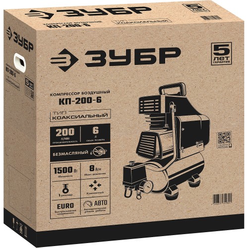 ЗУБР 200 л/мин, 6 л, 1500 Вт, безмасляный компрессор (КП-200-6)