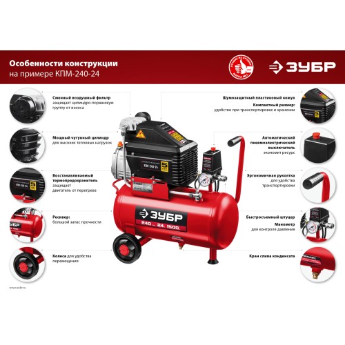 ЗУБР 240 л/мин, 24 л, 1500 Вт, 6 предметов, масляный компрессор (КПМ-240-24 Н6)