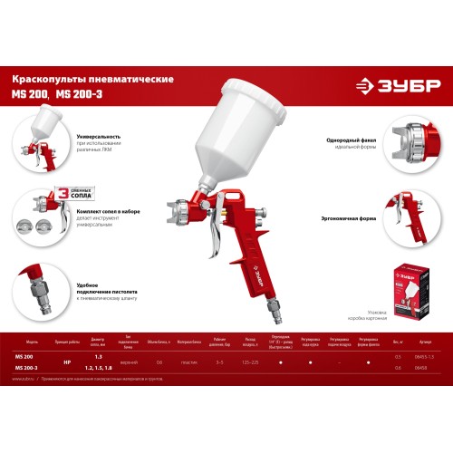 ЗУБР MS 200, 1.3 мм, пневматический краскопульт с верхним бачком (06455-1.3)