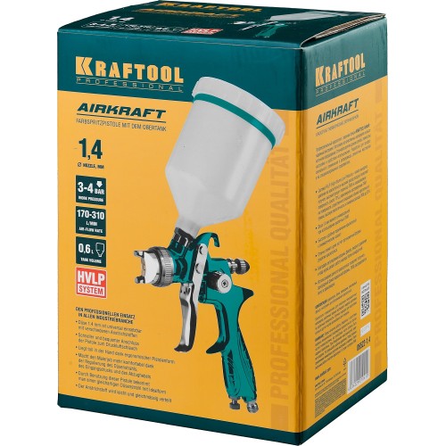 KRAFTOOL AirKraft, HVLP, 1.4 мм, пневматический краскопульт с верхним бачком (06522-1.4)