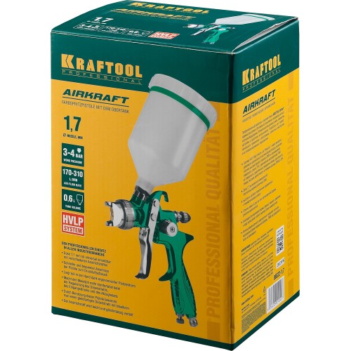 KRAFTOOL AirKraft, HVLP, 1.7 мм, пневматический краскопульт с верхним бачком (06522-1.7)