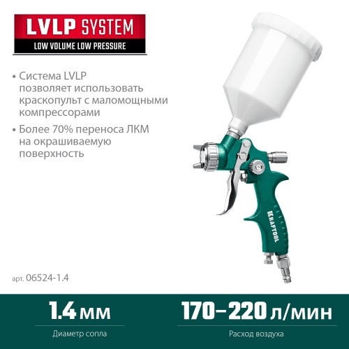 KRAFTOOL AirFlat, LVLP, 1.4 мм, пневматический краскопульт с верхним бачком (06524-1.4)