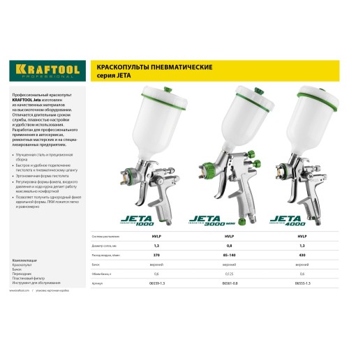 KRAFTOOL JETA 4000, HVLP, 1.3 мм, пневматический краскопульт с верхним бачком (06555-1.3)