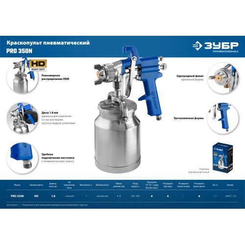 ЗУБР PRO 350N, 1.8 мм, пневматический краскопульт с нижним бачком, Профессионал (06451-1.8)