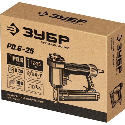 ЗУБР P0.6-25, пневматический нейлер для шпилек 23Ga, тип P0.6 (12-25 мм), Профессионал (31936)