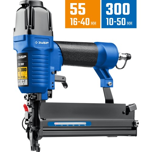 ЗУБР Т55/300, пневматический нейлер-степлер 18Ga 2-в-1: для скоб тип 55 и гвоздей тип 300, Профессионал (31937)