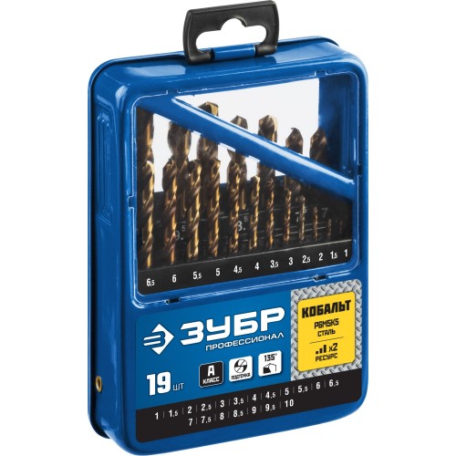 ЗУБР Кобальт, 19 шт, (1-10 мм), сталь Р6М5К5, класс А, мет.бокс, набор сверл по металлу, Профессионал (29626-H19)