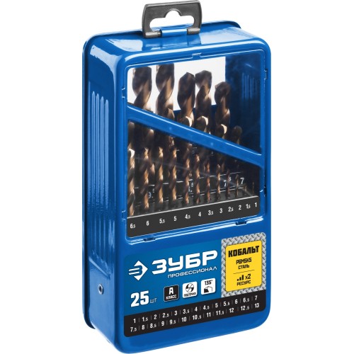 ЗУБР Кобальт, 25 шт, (1-13 мм), сталь Р6М5К5, класс А, мет.бокс, набор сверл по металлу, Профессионал (29626-H25)