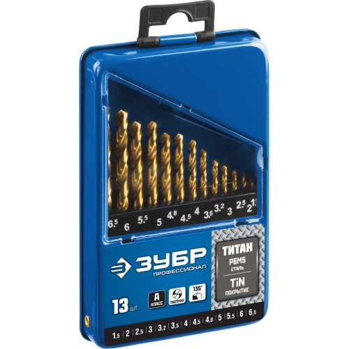 ЗУБР ТИТАН, 13 шт, (1.5-6.5 мм), сталь Р6М5, класс А, титановое покрытие, набор сверл по металлу, Профессионал (29615-H13)