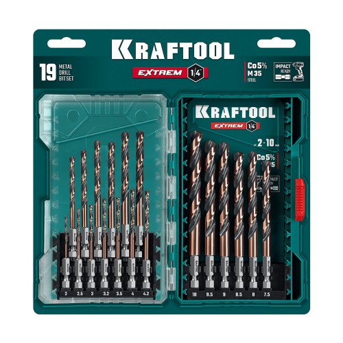 KRAFTOOL НЕХ-1/4″, 19 шт, набор сверл по металлу для винтовёртов и шуруповертов IMPACT READY (29652-H19)