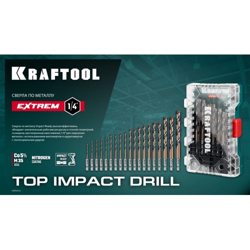 KRAFTOOL НЕХ-1/4″, 19 шт, набор сверл по металлу для винтовёртов и шуруповертов IMPACT READY (29652-H19)