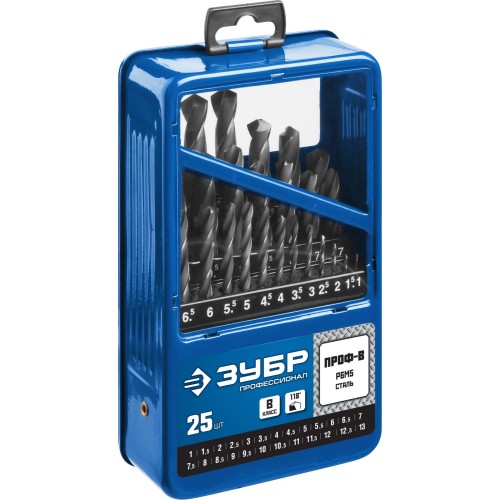 ЗУБР ПРОФ-В, 25 шт, (1-13 мм), сталь Р6М5, класс В, мет.бокс, набор сверл по металлу, Профессионал (29621-H25)