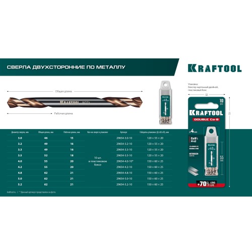 KRAFTOOL DOUBLE Сo-8 3.2х49мм, Сверло двухстороннее по металлу, сталь M42(+8%Co), класс А (29654-3.2-10)