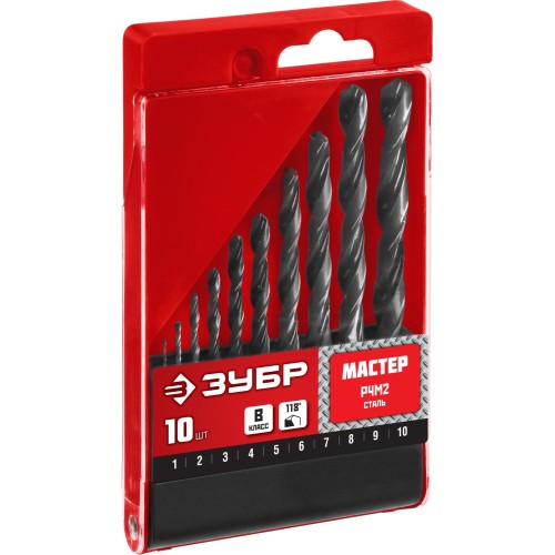 ЗУБР 10 шт, (1-10 мм), сталь Р4М2, класс В, набор сверл по металлу (29605-H10)