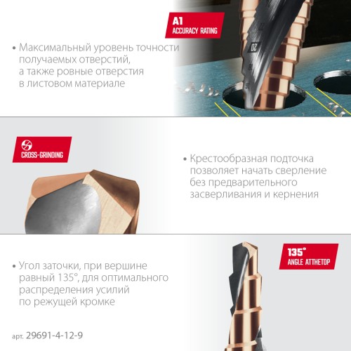 KRAFTOOL COBALT 4-12мм, 9 ступеней, азотирование, винтовая спираль, сверло ступенчатое(29691-4-12-9)