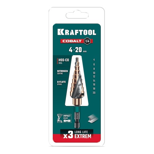 KRAFTOOL COBALT 4-20мм, 9 ступеней, азотирование, винтовая спираль, сверло ступенчатое(29691-4-20-9)