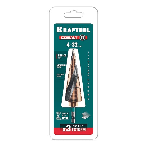 KRAFTOOL COBALT 4-32мм, 15 ступеней, азотирование, винтовая спираль, сверло ступенчатое(29691-4-32-15)