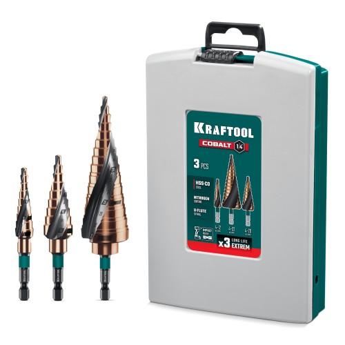 KRAFTOOL COBALT 3 шт., 4-32мм, азотирование, винтовая спираль, набор сверл ступенчатых(29691-4-32-H3)