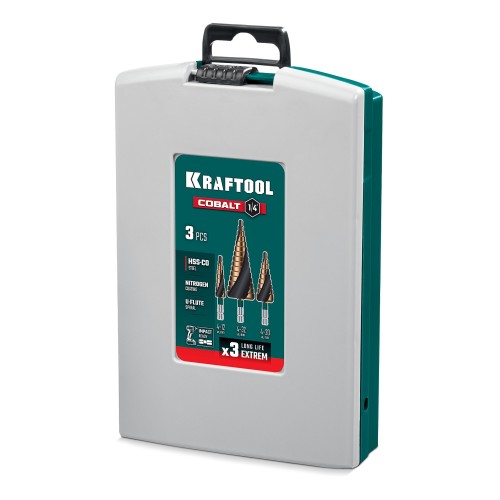 KRAFTOOL COBALT 3 шт., 4-32мм, азотирование, винтовая спираль, набор сверл ступенчатых(29691-4-32-H3)