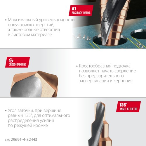 KRAFTOOL COBALT 3 шт., 4-32мм, азотирование, винтовая спираль, набор сверл ступенчатых(29691-4-32-H3)