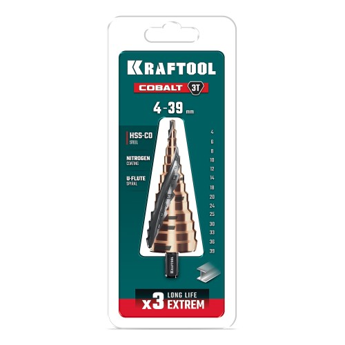 KRAFTOOL COBALT 4-39мм, 14 ступеней, азотирование, винтовая спираль, сверло ступенчатое(29691-4-39-14)