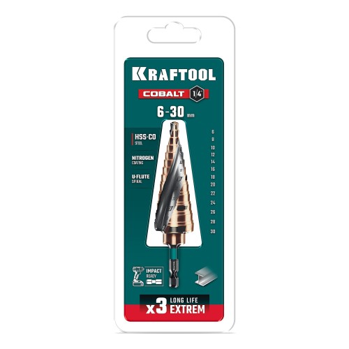KRAFTOOL COBALT 6-30мм, 13 ступеней, азотирование, винтовая спираль, сверло ступенчатое(29691-6-30-13)