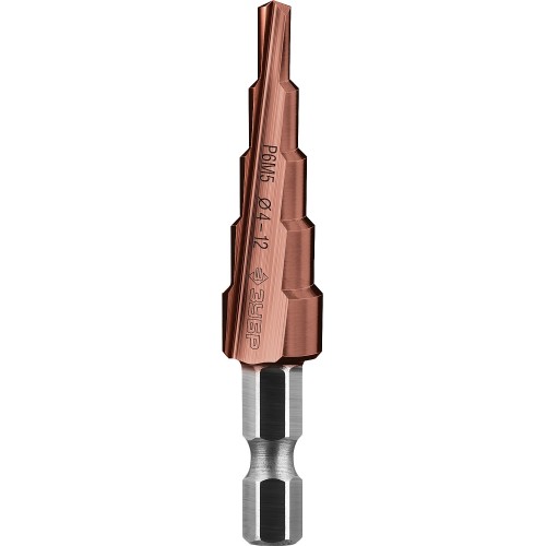 ЗУБР Кобальт, 4-12 мм, 5 ступеней, сталь Р6М5, кобальтовое покрытие, ступенчатое сверло, Профессионал (29672-4-12-5)
