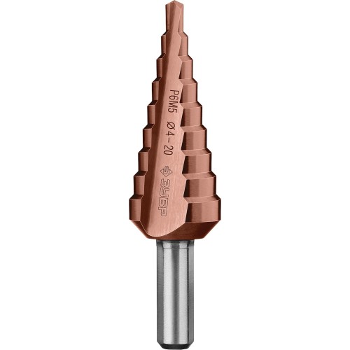ЗУБР Кобальт, 4-20 мм, 9 ступеней, сталь Р6М5, кобальтовое покрытие, ступенчатое сверло, Профессионал (29672-4-20-9)