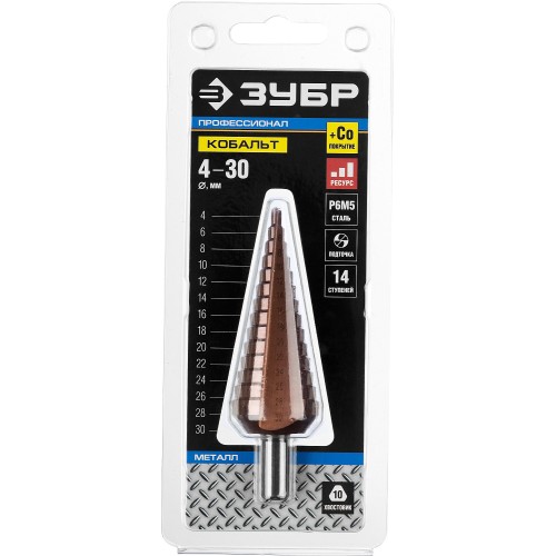 ЗУБР Кобальт, 4-30 мм, 14 ступеней, сталь Р6М5, кобальтовое покрытие, ступенчатое сверло, Профессионал (29672-4-30-14)