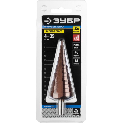 ЗУБР Кобальт, 4-39 мм, 14 ступеней, сталь Р6М5, кобальтовое покрытие, ступенчатое сверло, Профессионал (29672-4-39-14)