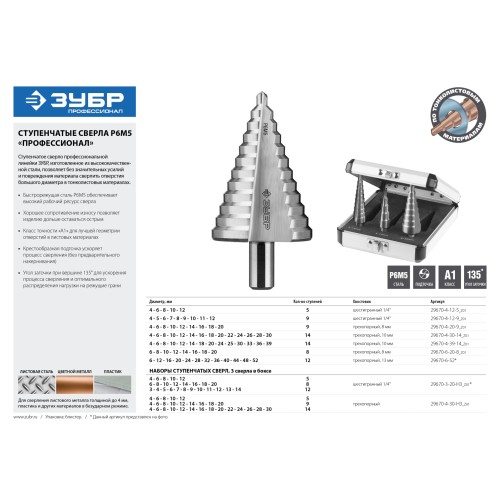 ЗУБР 4-30 мм, 14 ступеней, сталь Р6М5, ступенчатое сверло, Профессионал (29670-4-30-14)