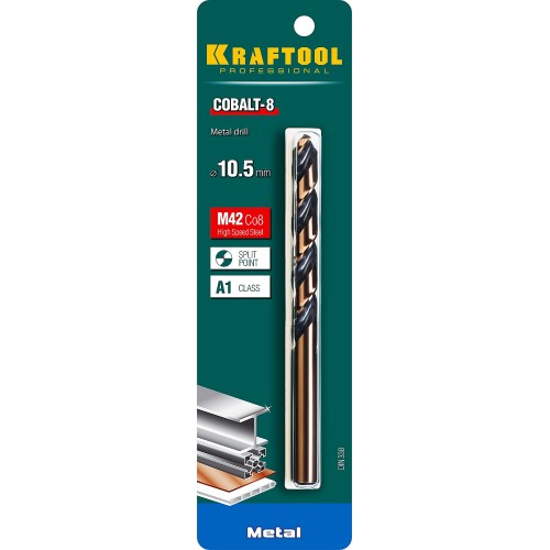 KRAFTOOL COBALT-8, 10.5 х 133 мм, сталь М42, HSS-Co(8%), сверло по металлу (29656-10.5)