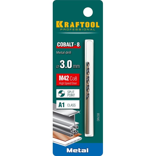 KRAFTOOL COBALT-8, 3.0 х 61 мм, сталь М42, HSS-Co(8%), сверло по металлу (29656-3)