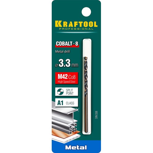 KRAFTOOL COBALT-8, 3.3 х 65 мм, сталь М42, HSS-Co(8%), сверло по металлу (29656-3.3)