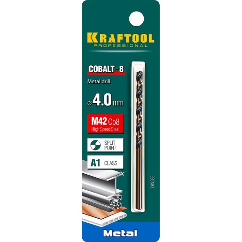 KRAFTOOL COBALT-8, 4.0 х 75 мм, сталь М42, HSS-Co(8%), сверло по металлу (29656-4)