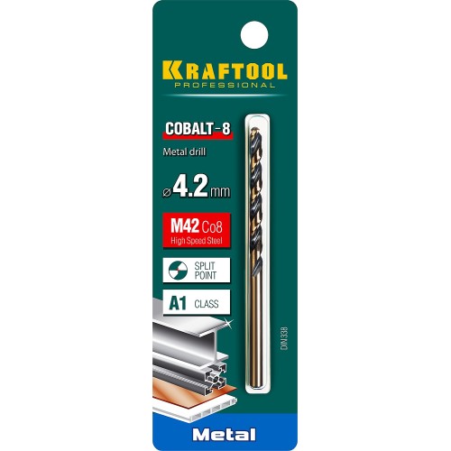 KRAFTOOL COBALT-8, 4.2 х 75 мм, сталь М42, HSS-Co(8%), сверло по металлу (29656-4.2)