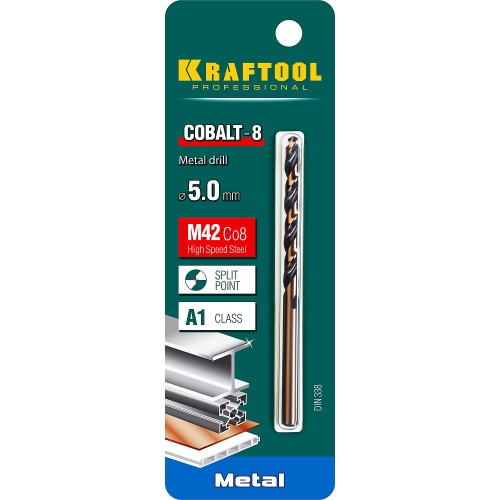 KRAFTOOL COBALT-8, 5.0 х 86 мм, сталь М42, HSS-Co(8%), сверло по металлу (29656-5)