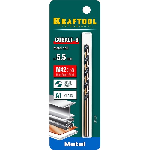 KRAFTOOL COBALT-8, 5.5 х 93 мм, сталь М42, HSS-Co(8%), сверло по металлу (29656-5.5)