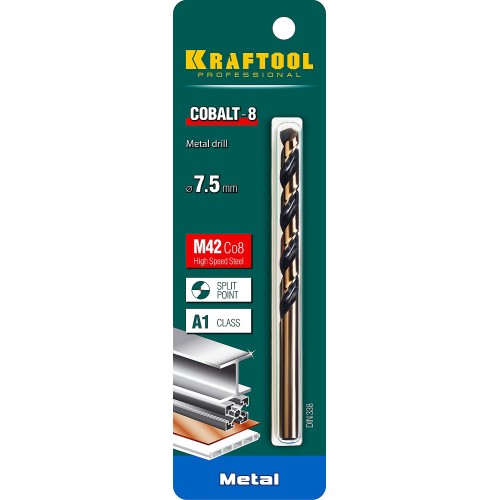 KRAFTOOL COBALT-8, 7.5 х 109 мм, сталь М42, HSS-Co(8%), сверло по металлу (29656-7.5)