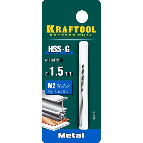 KRAFTOOL HSS-G, 1.5 х 43 мм, сталь P6M5, сверло по металлу (29651-1.5)