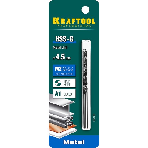 KRAFTOOL HSS-G, 4.5 х 80 мм, сталь P6M5, сверло по металлу (29651-4.5)