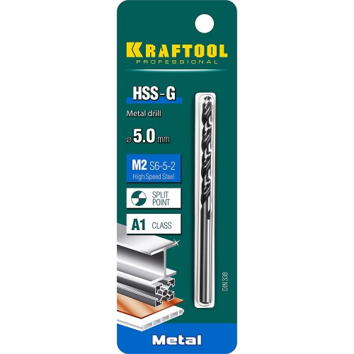 KRAFTOOL HSS-G, 5.0 х 86 мм, сталь P6M5, сверло по металлу (29651-5)