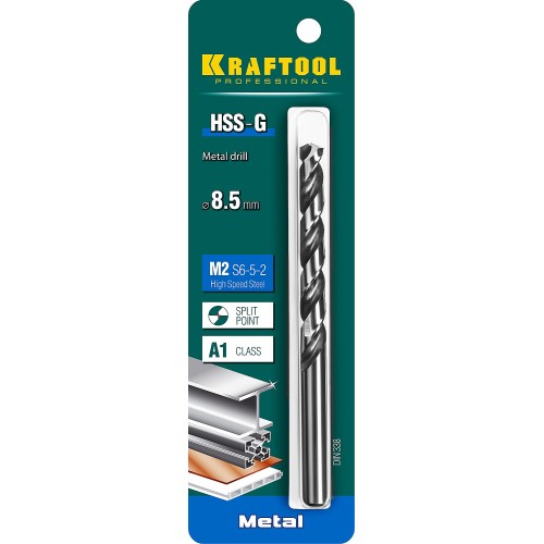 KRAFTOOL HSS-G, 8.5 х 117 мм, сталь P6M5, сверло по металлу (29651-8.5)