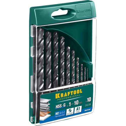 KRAFTOOL HSS-G, 10 шт, (1-10 мм), сталь P6M5, набор сверл по металлу (29651-H10)